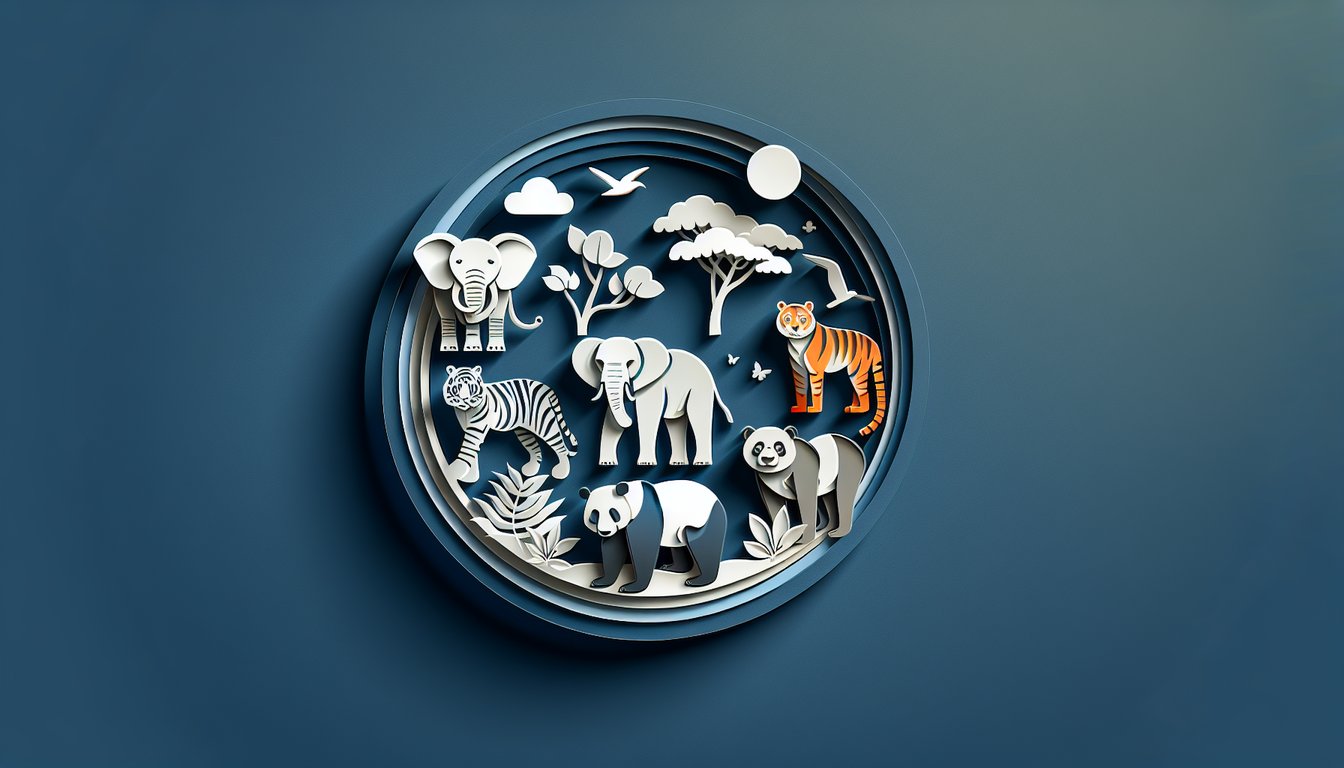 Paper art illustration of endangered animals quiz motif on dark blue background promoting wildlife conservation challenge