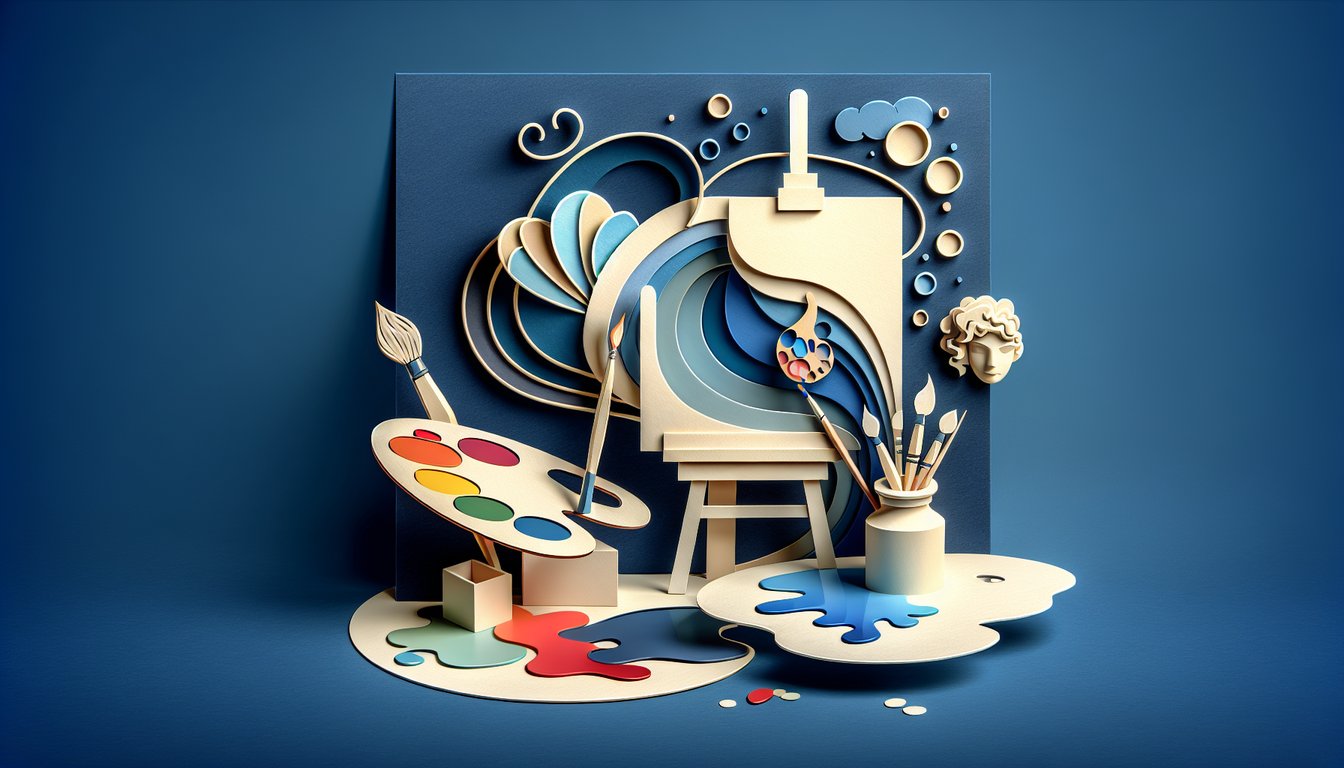 Paper cut art with brushes pencils and abstract shapes on dark blue background for free artist style quiz challenge