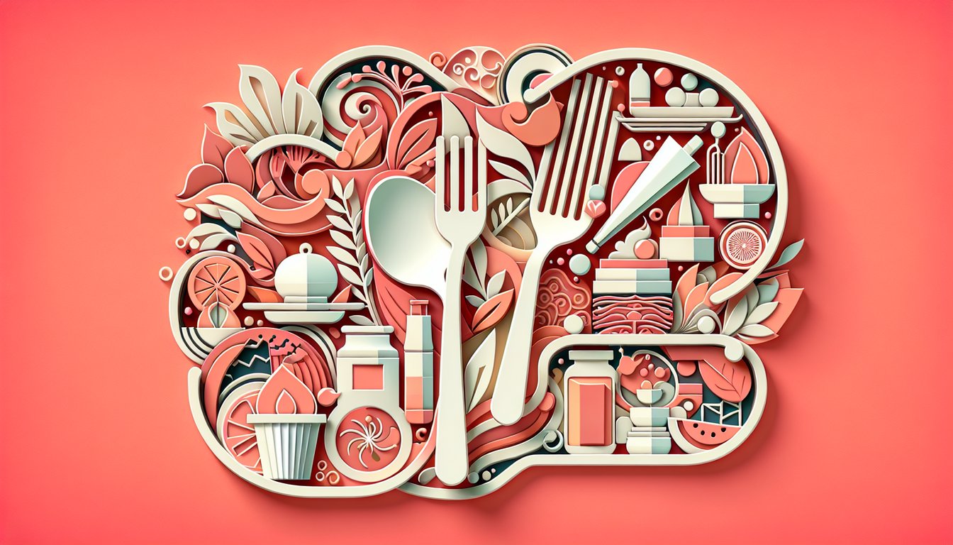 Paper art illustration for a culinary personality quiz on a coral background.