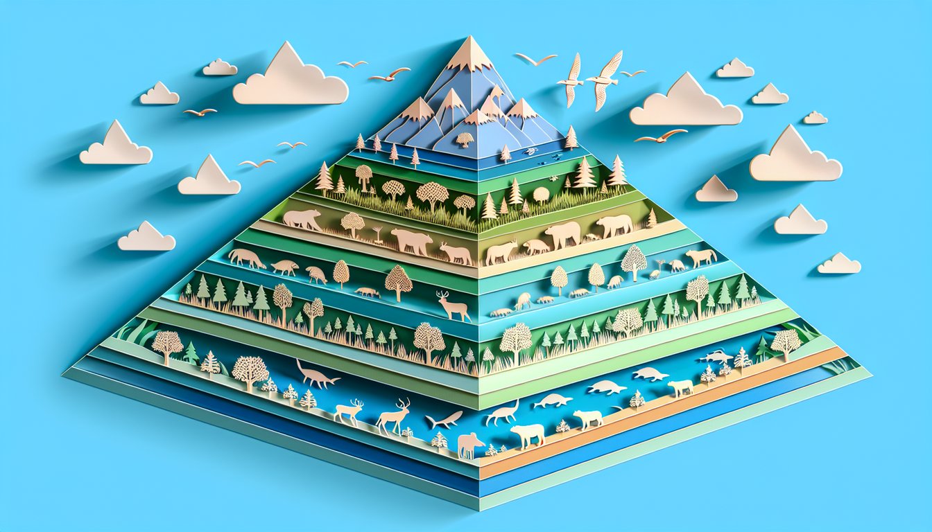Paper art ecological pyramid layers showing producers consumers predators quiz invitation on sky blue background