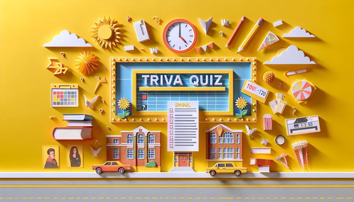 Paper art illustration for Dazed and Confused trivia quiz on a golden yellow background