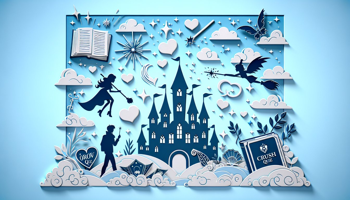 Paper art illustration for Harry Potter crush quiz on sky blue background