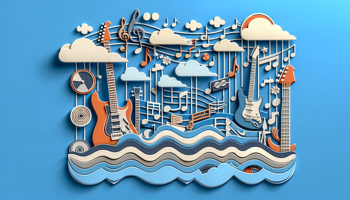paper art illustration of acoustic guitar chord diagrams and music notes on sky blue background quiz theme