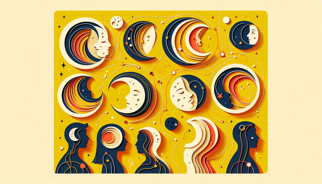 Paper art illustration for moon personality quiz on a golden yellow background