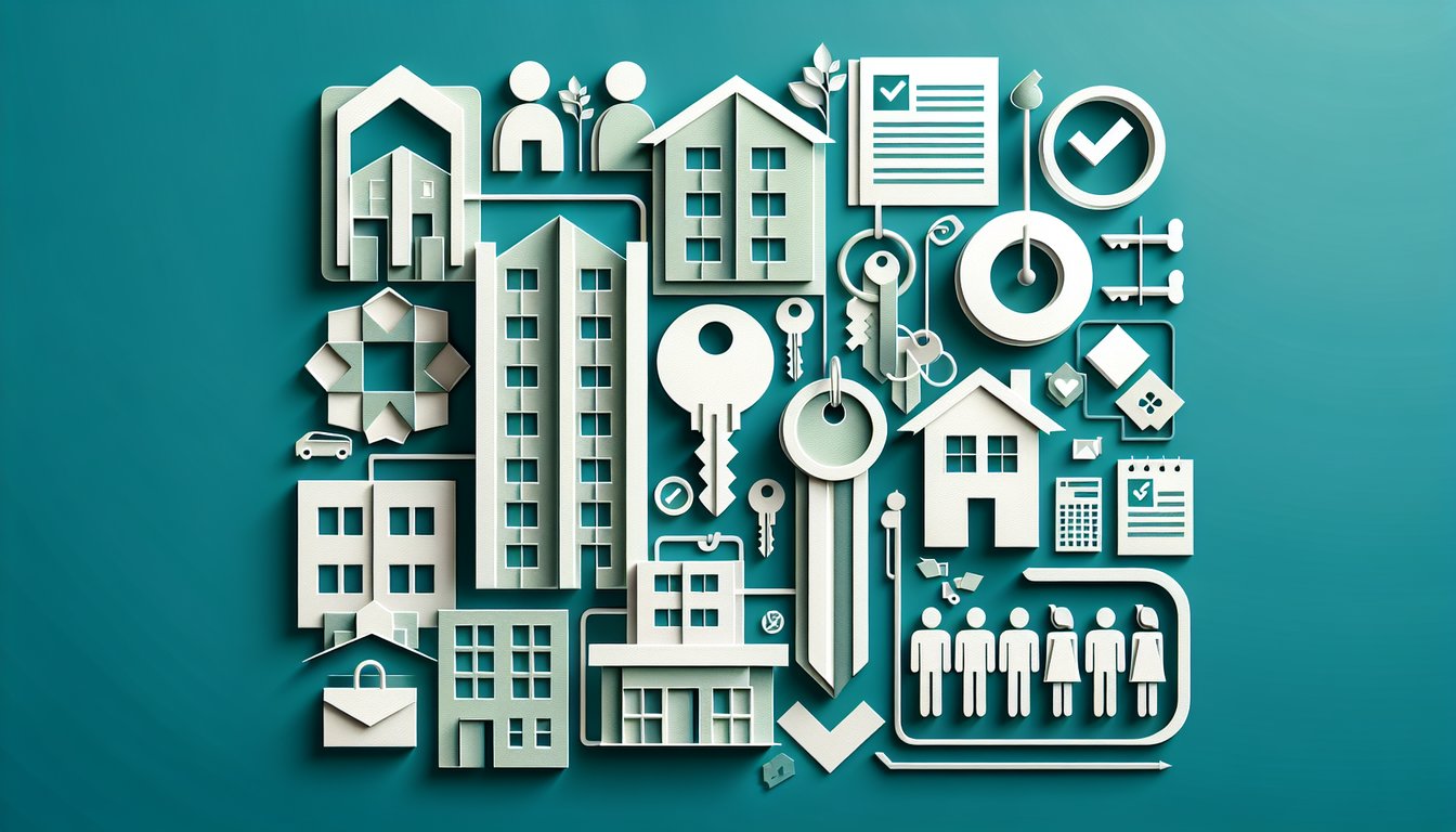 Paper art illustration for apartment approval quiz on teal background