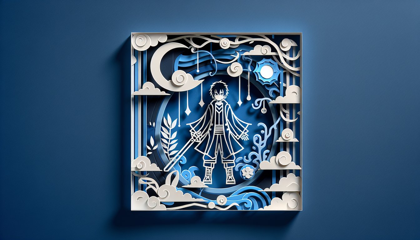 Paper art illustration for anime personality quiz on a dark blue background