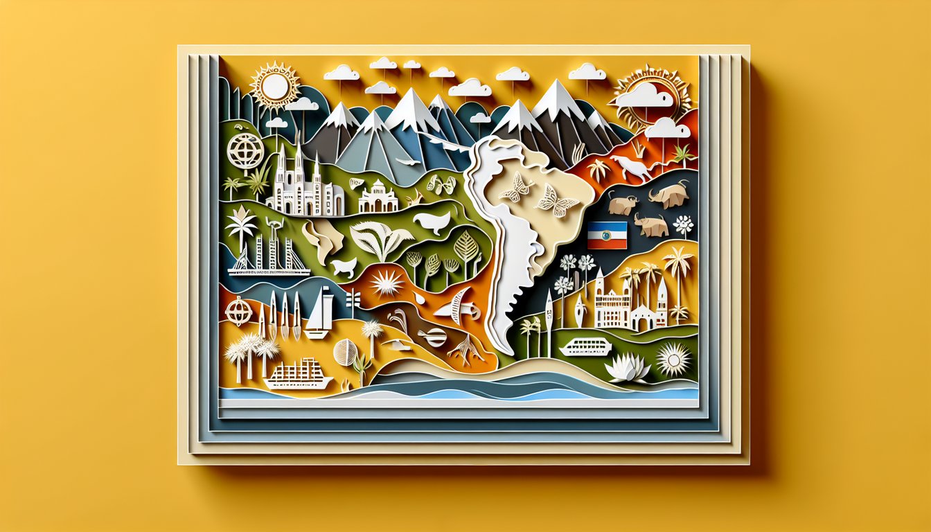 paper art South America map quiz matching capitals and nationalities in Spanish golden yellow background