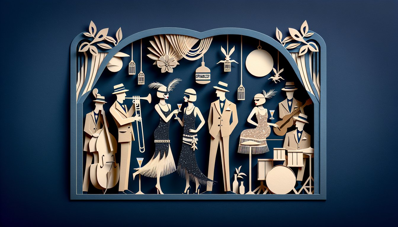 Paper art illustration for 1920s trivia quiz featuring Jazz Age, flappers, Prohibition on dark blue background