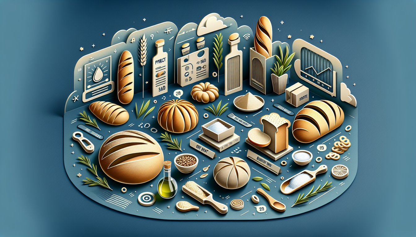 Paper art illustration featuring sliced sourdough baguette rolling pin whisk flour quiz headline on dark blue background