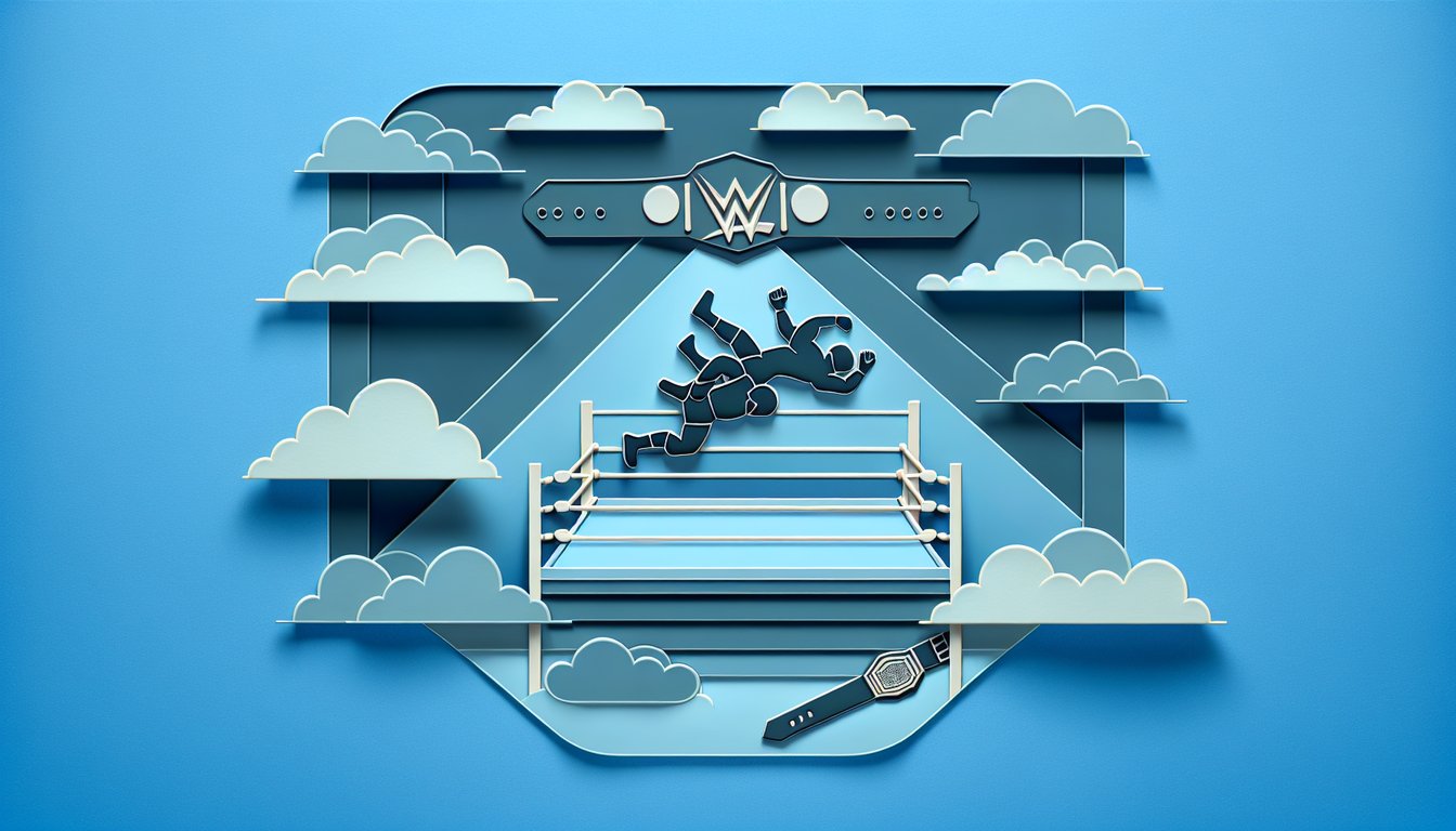 Paper art illustration of Jimmy Valiant performing signature wrestling move with quiz title banners on sky blue background