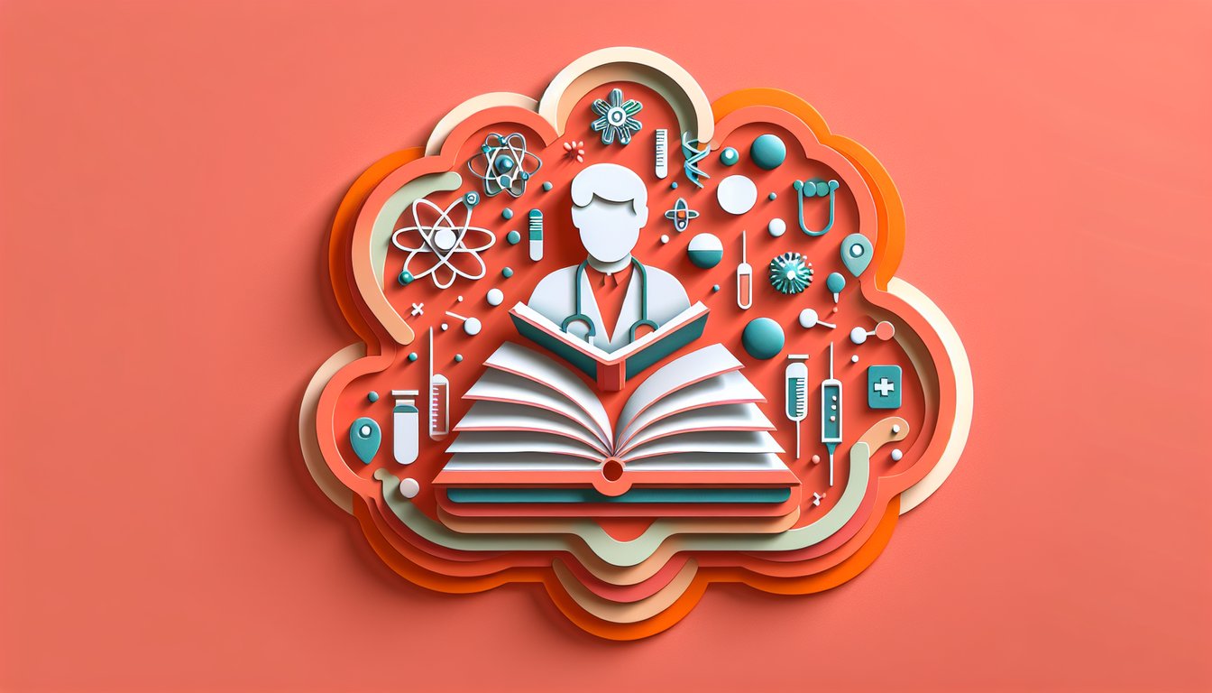 Paper illustration for medical suffix quiz on coral background with stasis text and decorative paper shapes