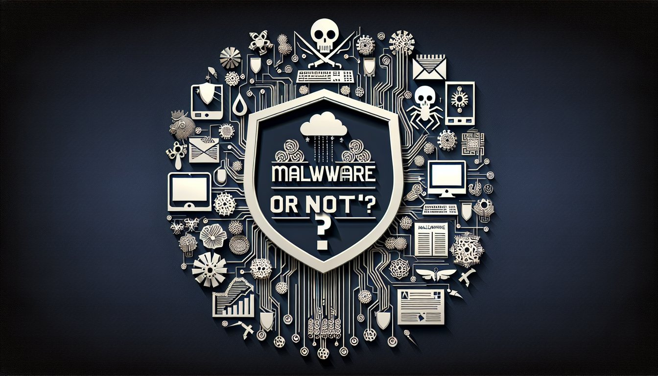 Colorful paper art promoting a trivia quiz on distinguishing malware from benign programs.