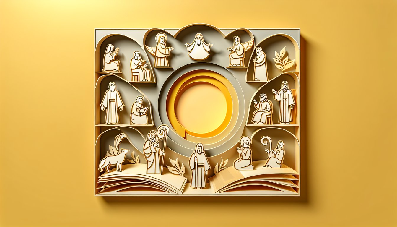 Paper art illustration of biblical figures with quiz title Whos Who in the Bible on a golden yellow background.