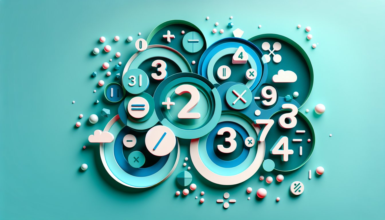 Paper art illustration of mixed number addition and subtraction quiz elements on teal background