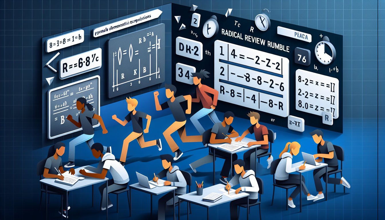 Paper art representing a fast-paced math quiz, Radical Review Rumble, for high school students.
