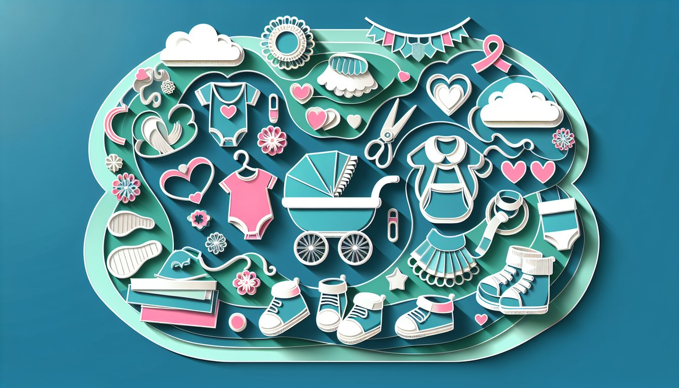 Paper art pregnant woman silhouette with checklist hearts and online pregnancy quiz prompt on teal background