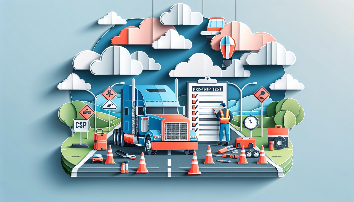 paper art illustration checklist truck quiz icons sky blue background for CDL pre trip inspection challenge