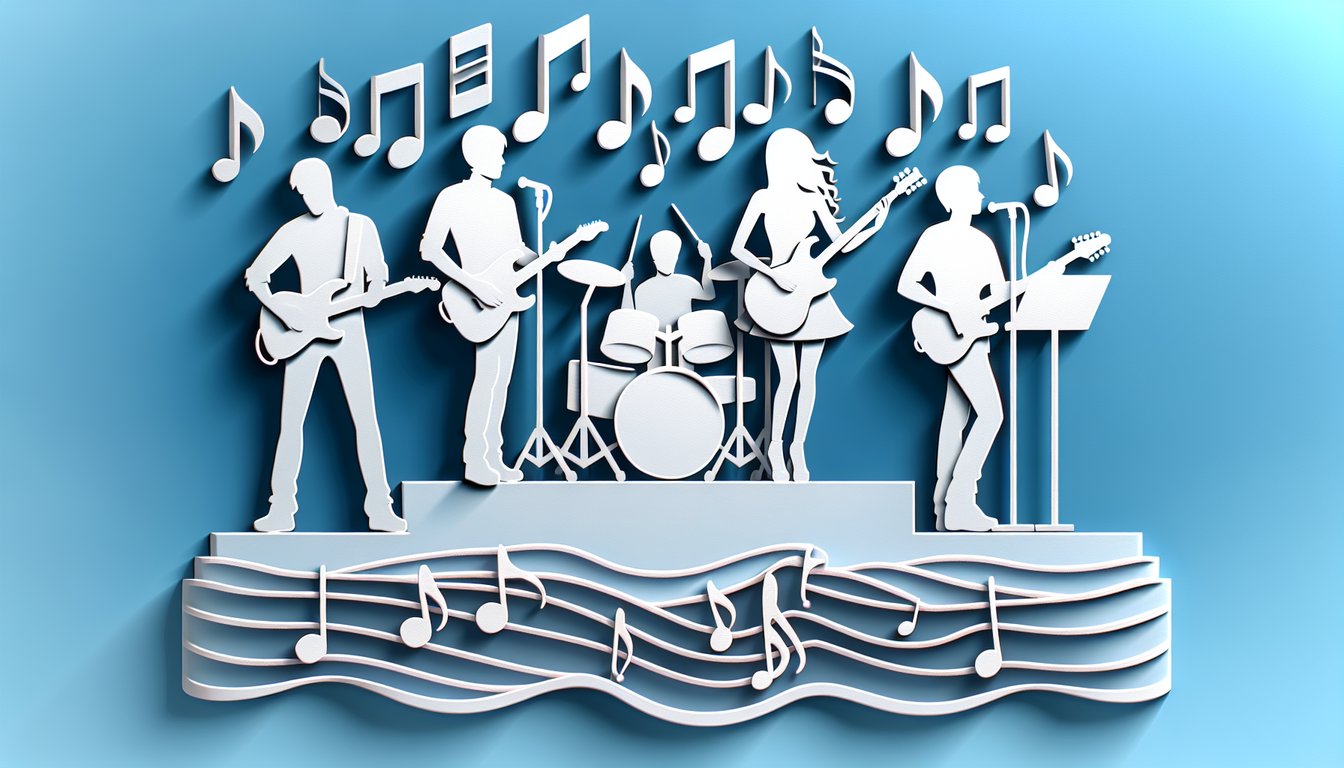 Paper art on sky blue background with band member silhouettes drums keys guitars and quiz title for Julie and the Phantoms