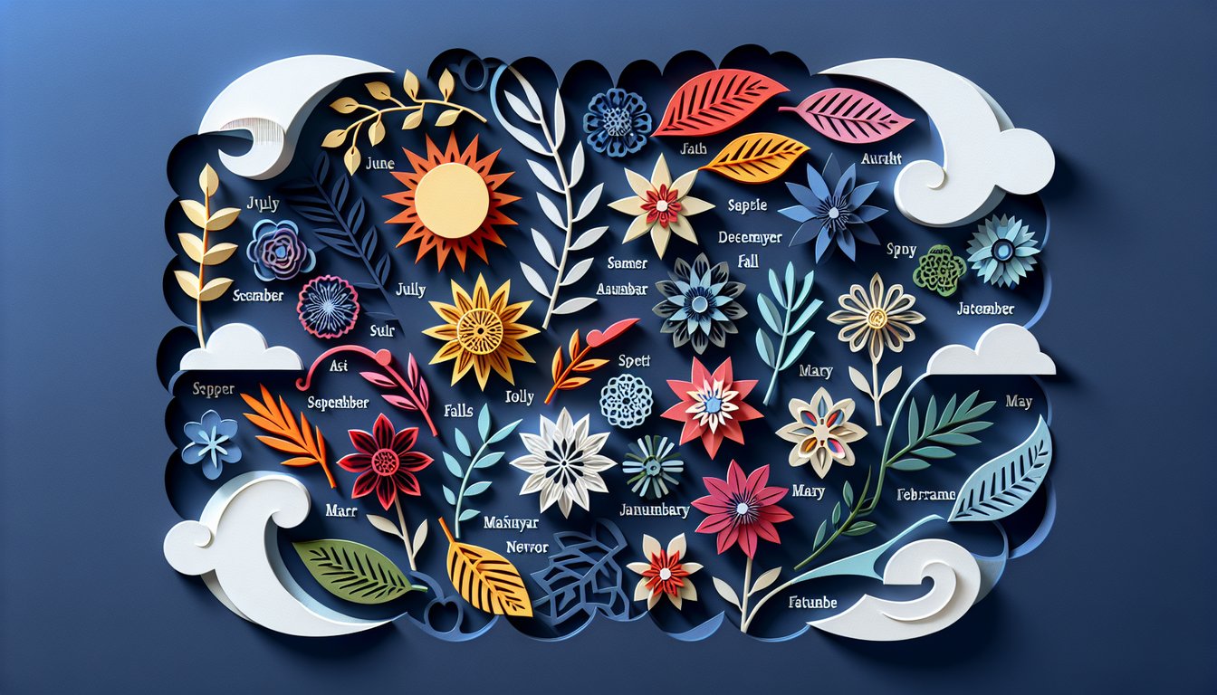 Colorful paper art month names in Spanish on dark blue background, cutout style quiz design