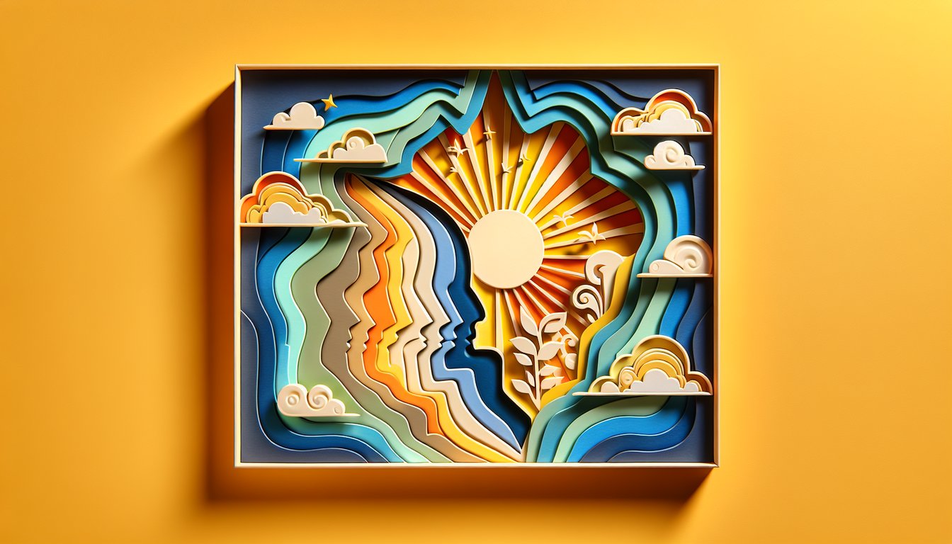 Paper art illustration showing playful quiz elements on golden yellow background inviting you to discover which side of Mike you are