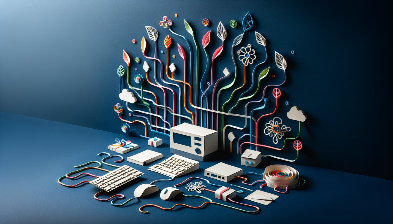 Colorful paper art depicting elements related to a Computer Technology Vocabulary Quiz.