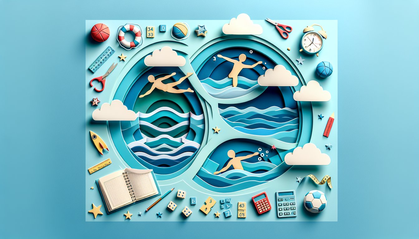 Paper art quiz header with swimmer holding promposal sign, math symbols, gift box and hearts on sky blue background
