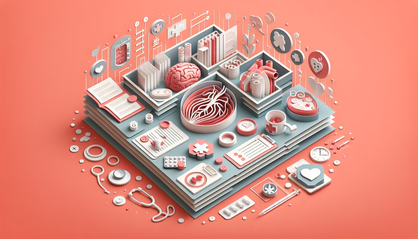 Paper art collage of stethoscope anatomy chart and quiz sheet on coral background promoting free AMT RMA practice exam
