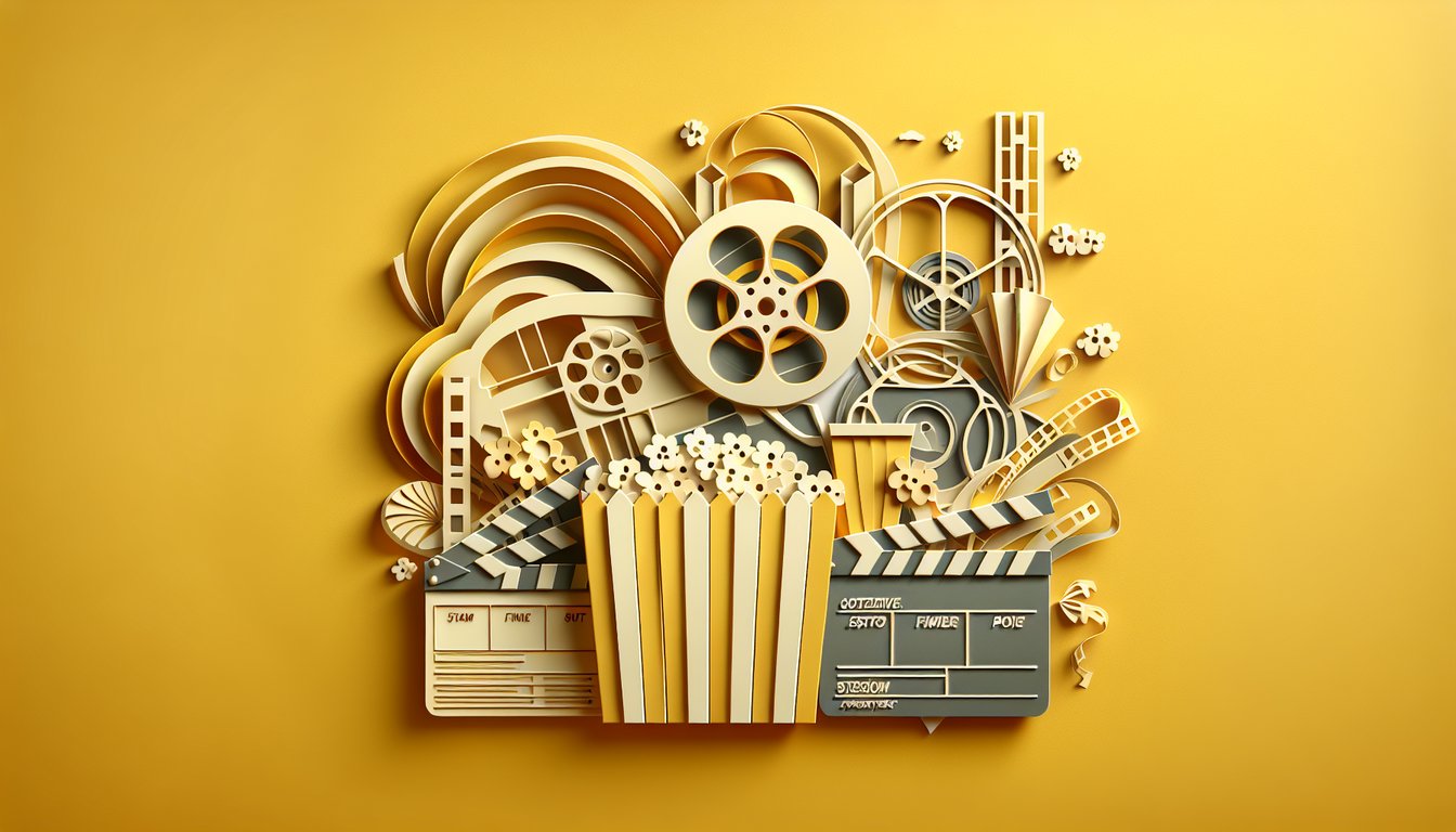 Paper cut film reel ticket clapboard free film trivia quiz challenge yourself text on golden yellow background