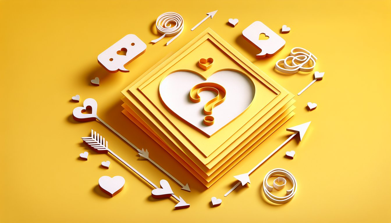 paper art illustration of quiz to guess your crush name on golden yellow background with playful hearts and shapes.