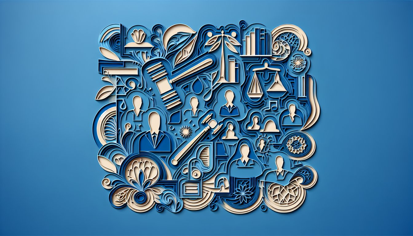 Paper art illustration of scales gavel books and pen against sky blue background for personality quiz on legal careers