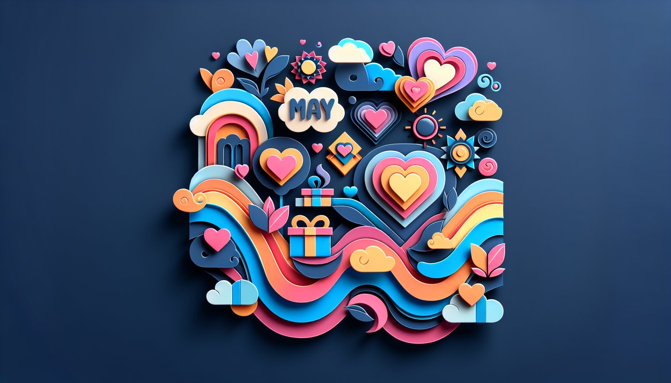 Paper art style Mothers Day quiz graphic with flowers gift icons and question marks on dark blue background