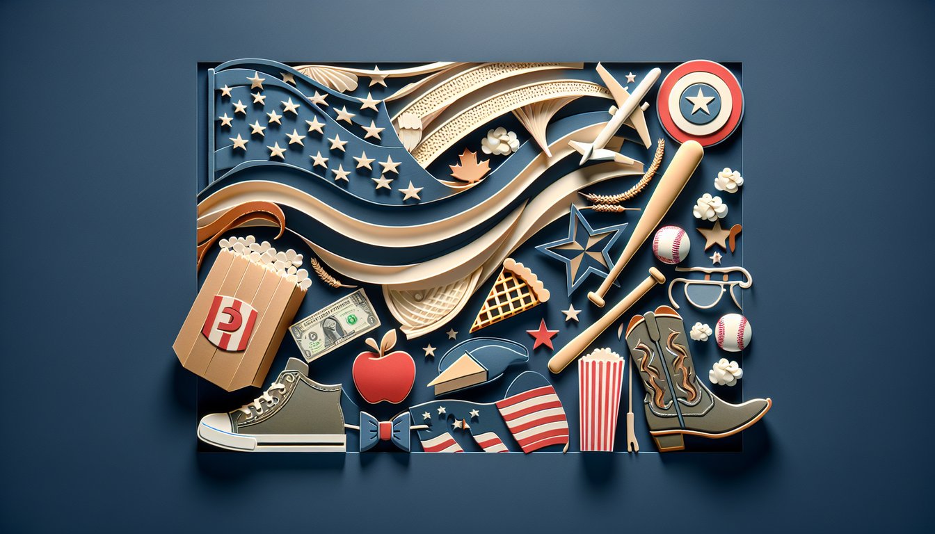 Paper art illustration for quiz on American culture and customs on dark blue background