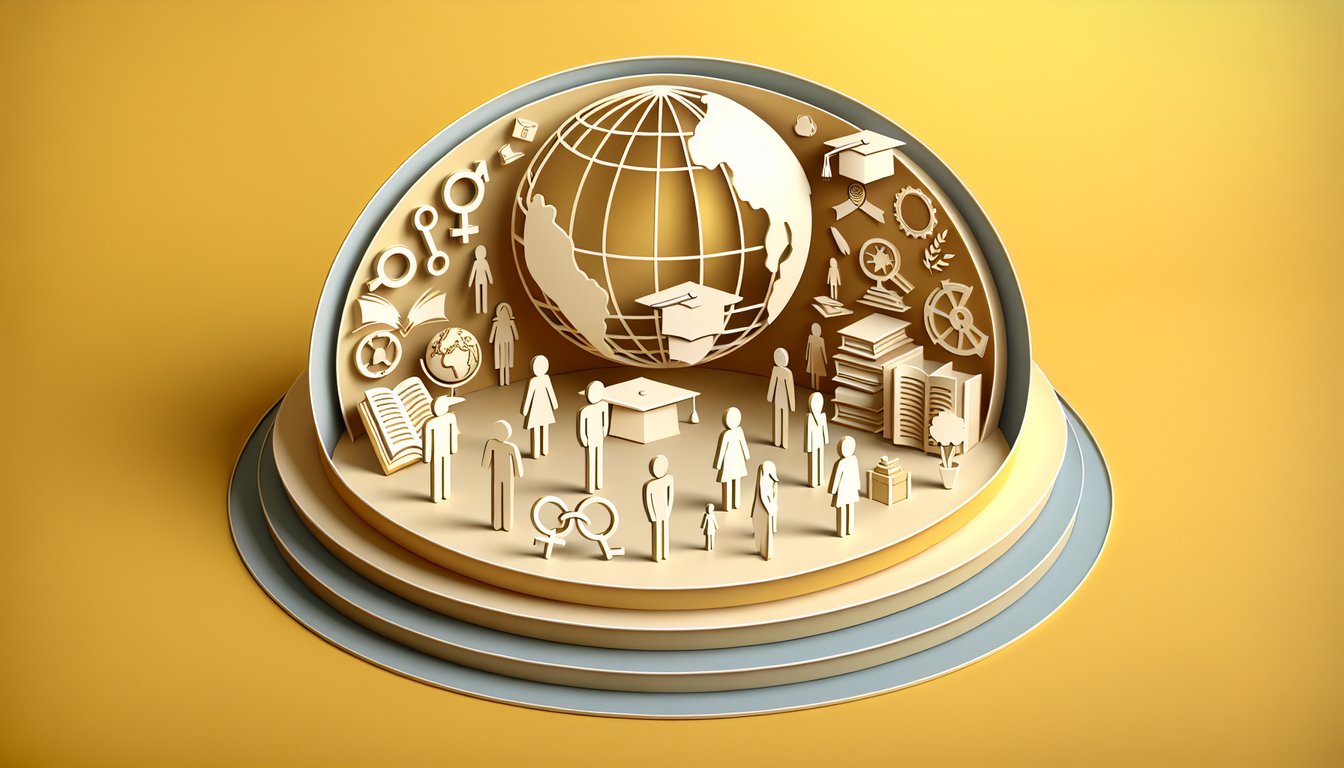 Paper art figures representing diverse genders with quiz icons on golden yellow background