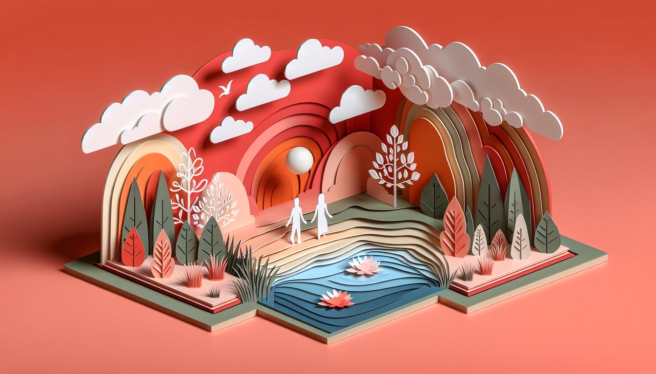 Paper art illustration for Am I Toxic Quiz on a coral background, encouraging self-reflection on relationship behaviors.