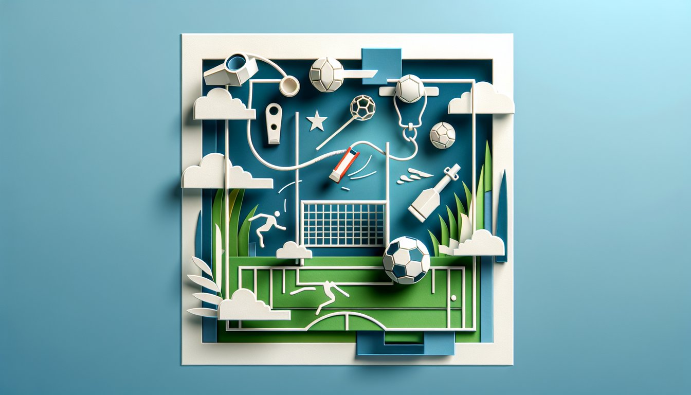Paper art illustration for soccer rules quiz on sky blue background