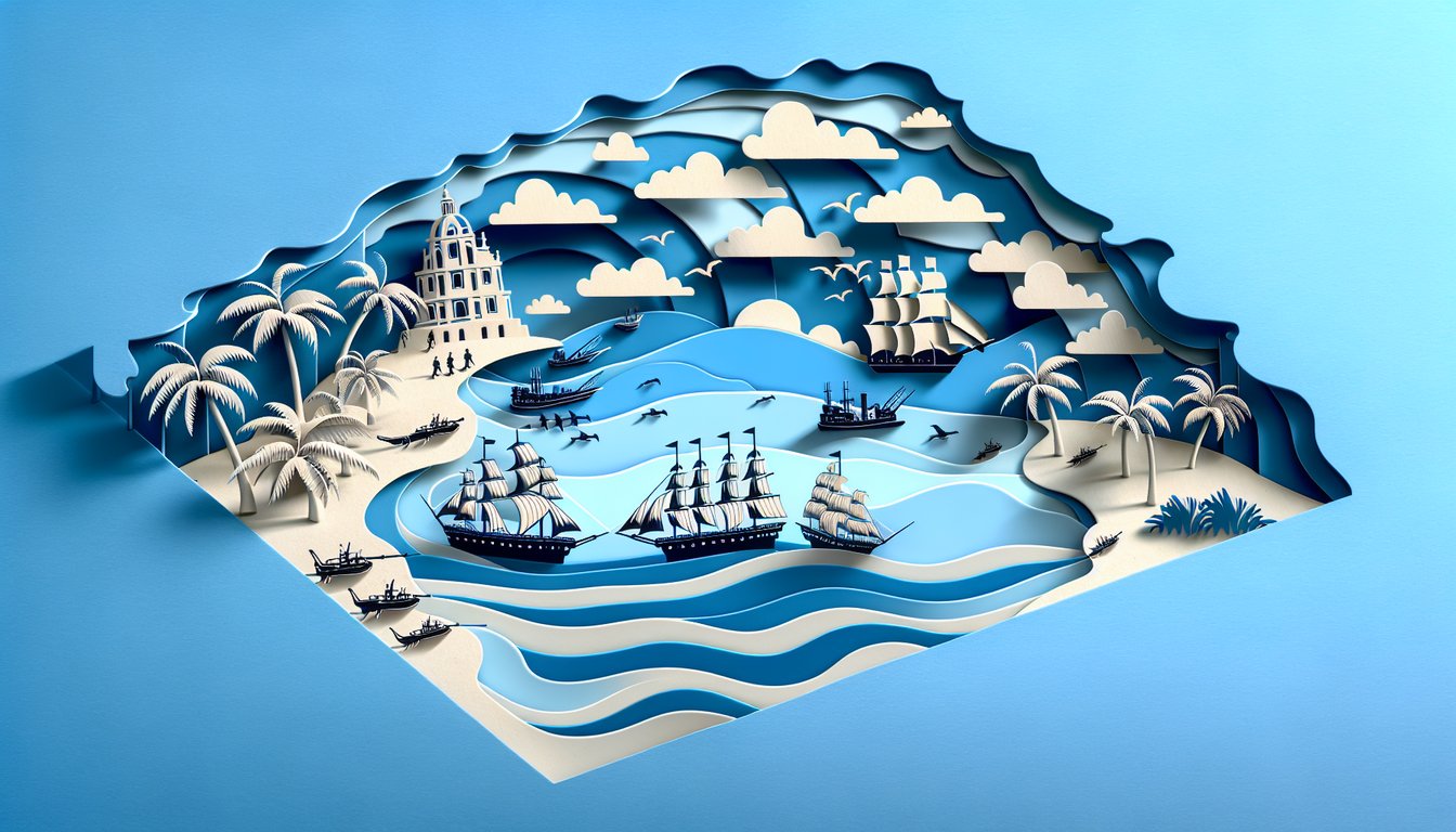 paper art illustration shows layered silhouettes of a soldier cannon and battleship around quiz title on sky blue background
