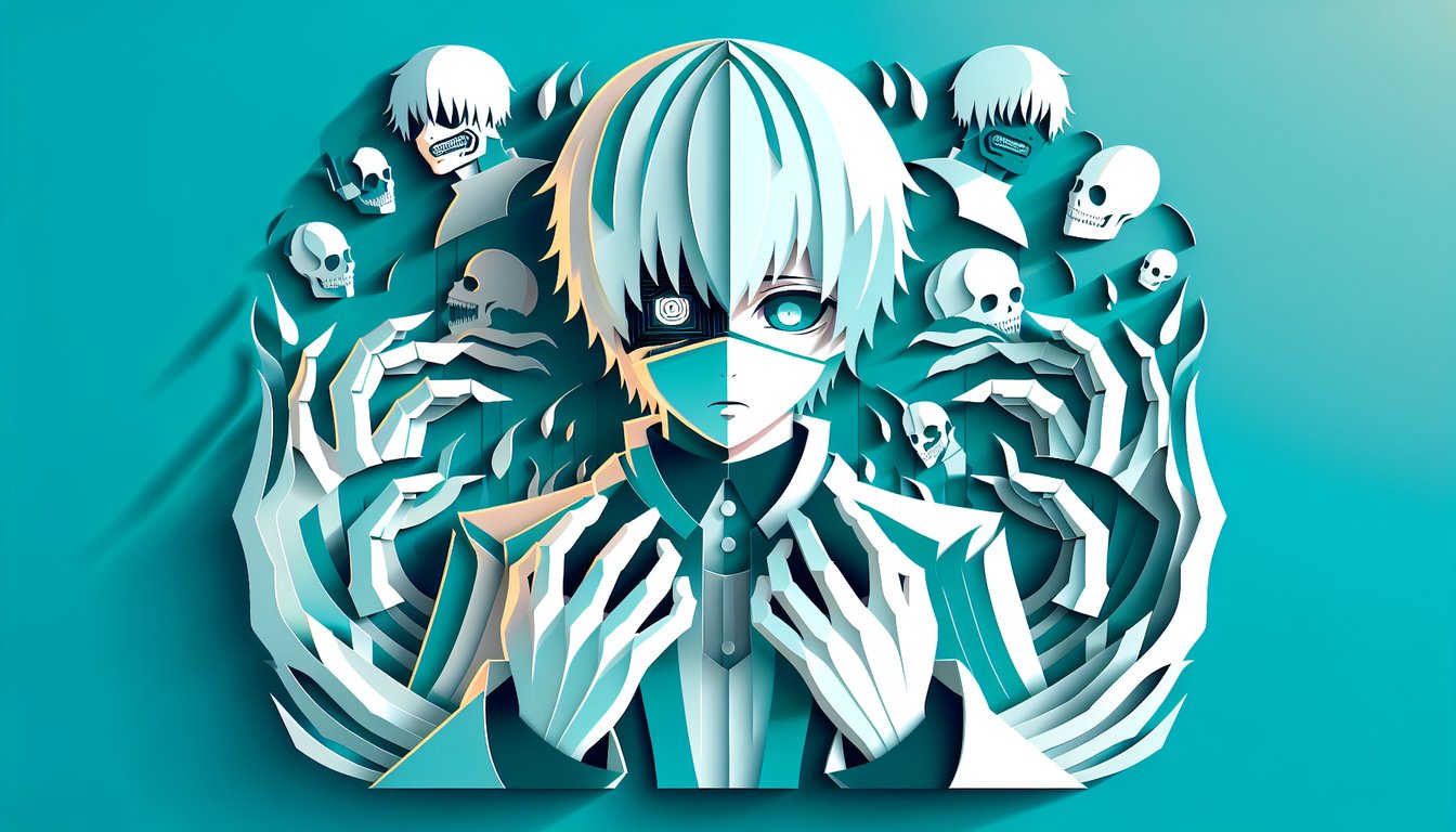 Paper art quiz illustration featuring stylized ghoul masks and kagune shapes on a teal background