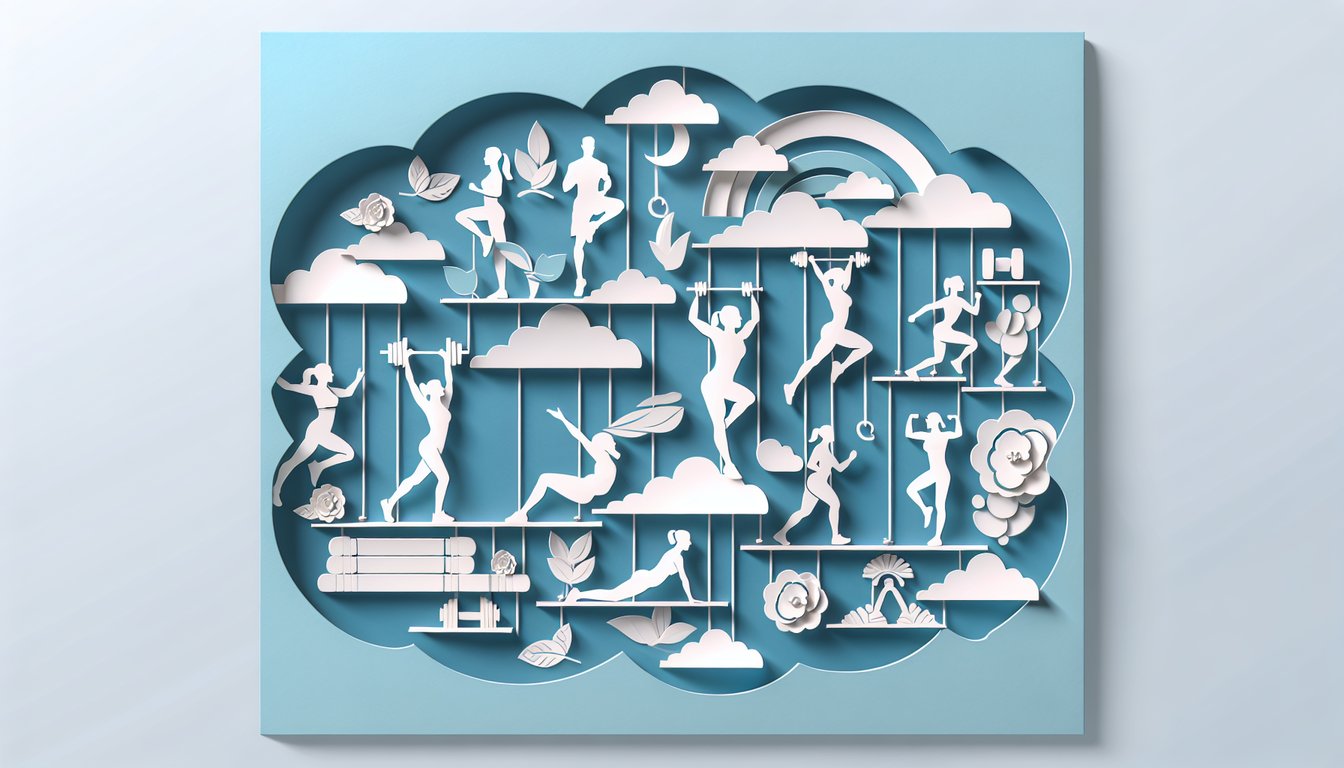 Paper art illustration fitness icons weights yoga mat dumbbells on sky blue background for workout style quiz