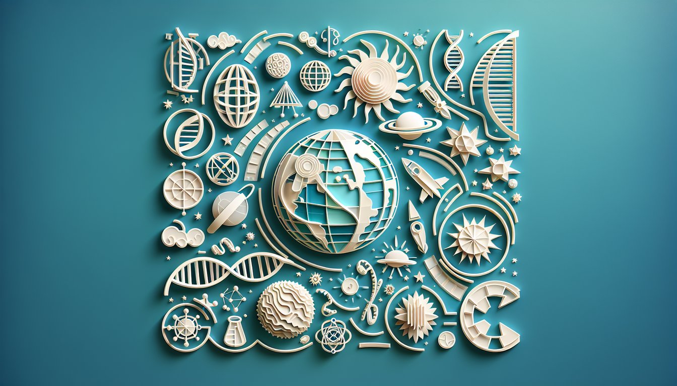 Paper art style earth layers and life science icons on teal background for free Earth Science SOL 2010 quiz