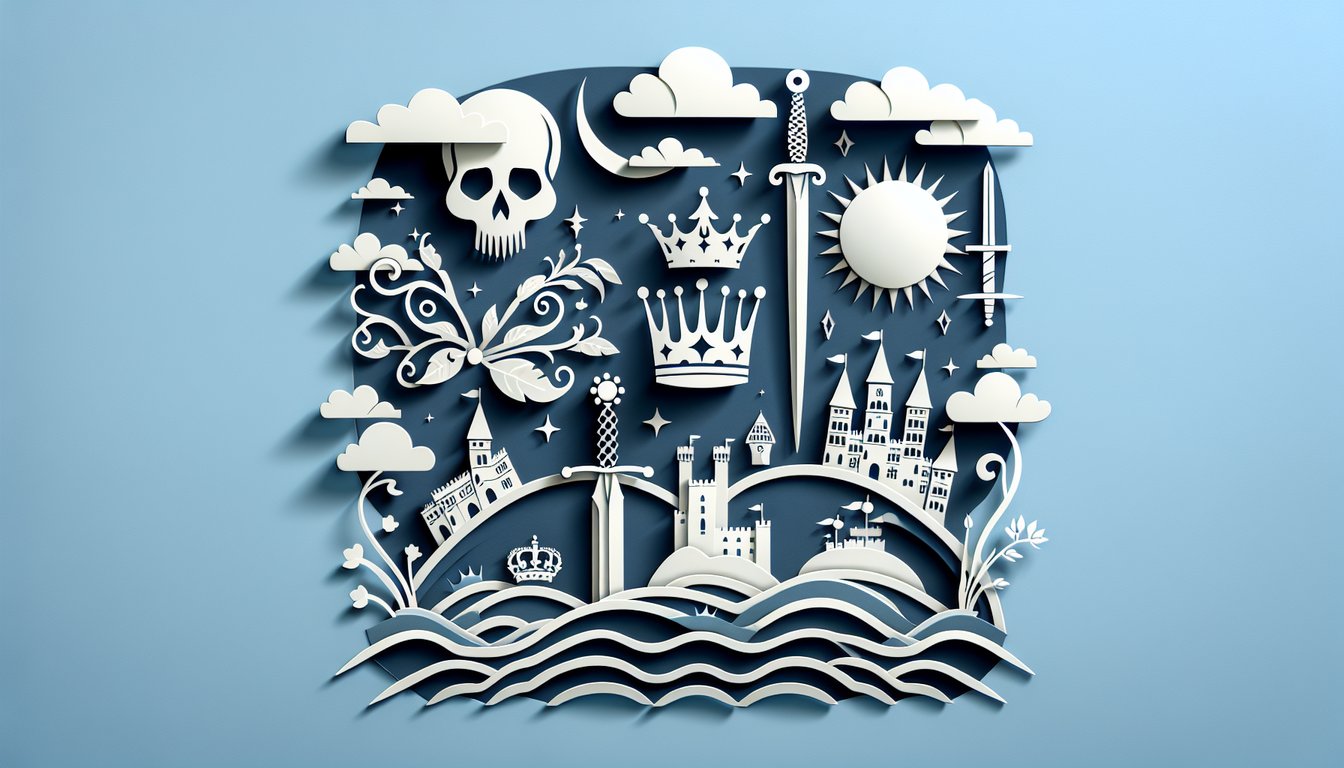 Paper art illustration for a Hamlet trivia quiz with book skull and quill motifs on sky blue background
