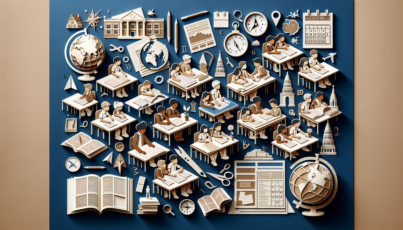 Paper art style illustration of 2nd grade social studies quiz with globe map icons, books, pencils on dark blue background