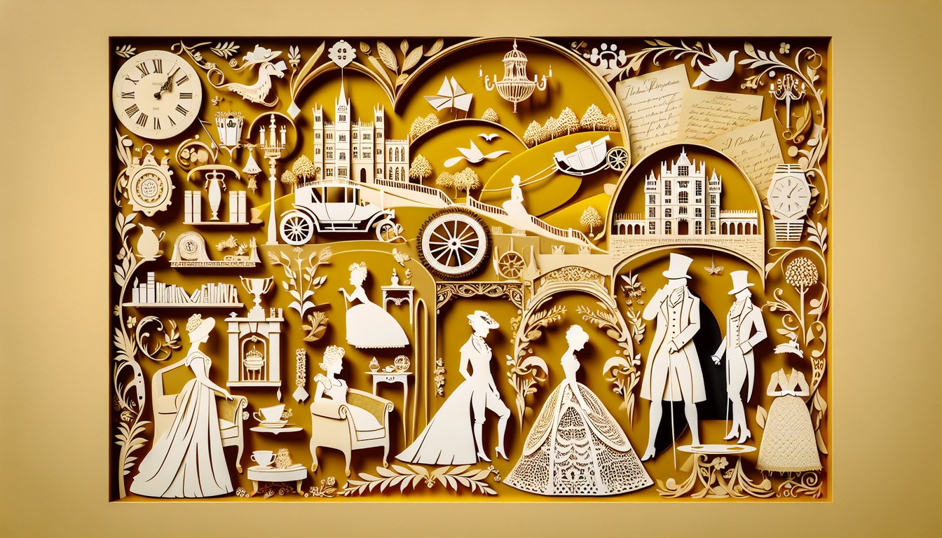 Paper art illustration for Bridgerton character personality quiz on a golden yellow background.