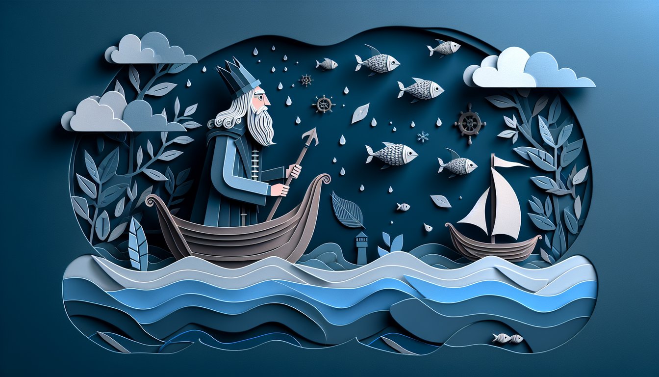 Paper art ship captain with quill on dark blue inviting free Canterbury Tales Skipper quiz testing inference skills