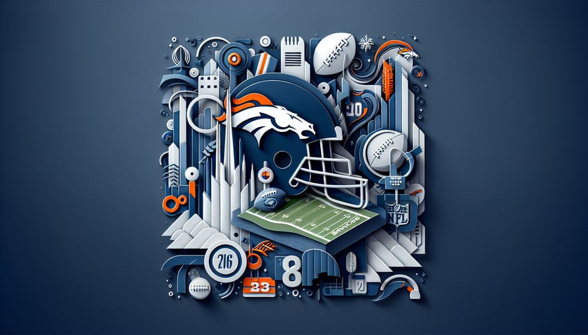 Paper art illustration of Denver Broncos trivia quiz with helmet cards football motifs on dark blue background