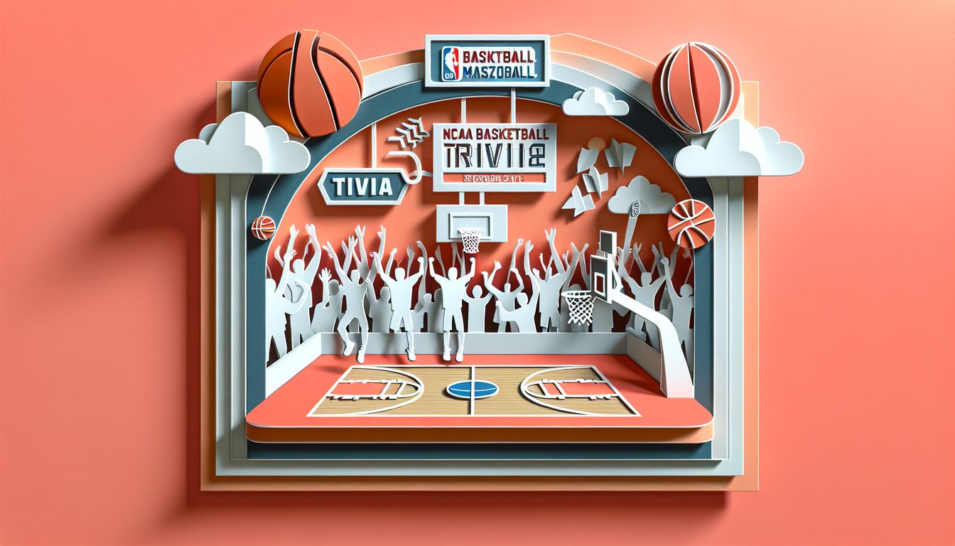 Paper art illustration of NCAA basketball trophy bracket and quiz icons on coral background
