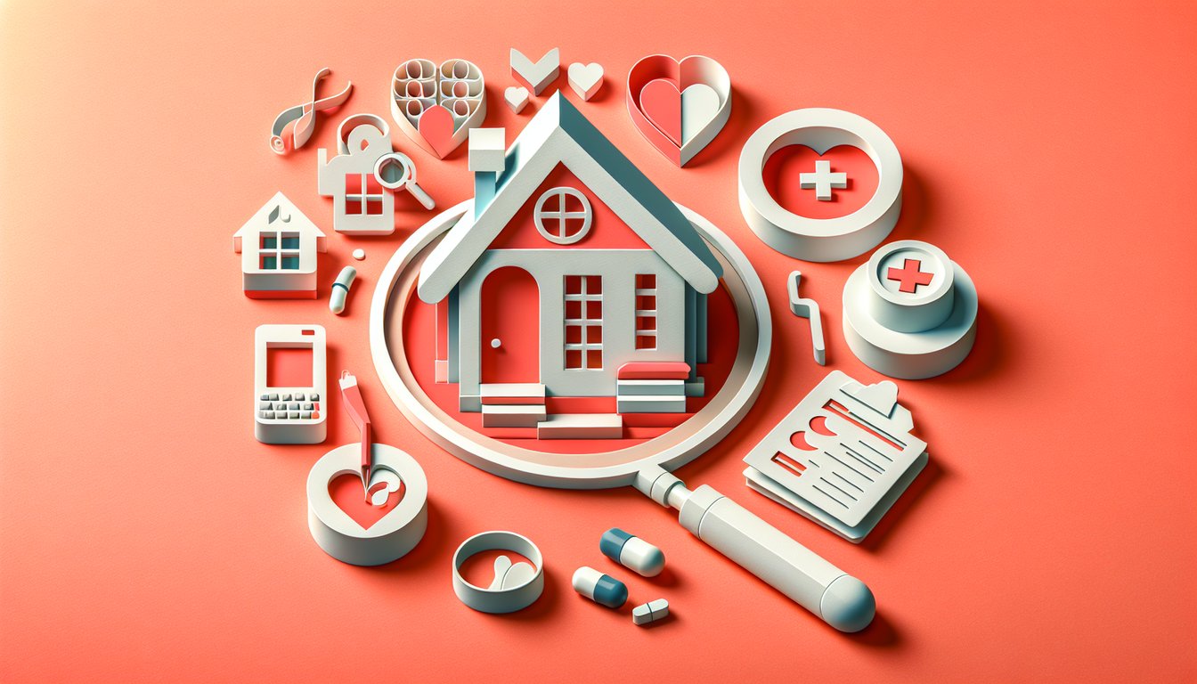 Paper art house with magnifying glass health icons on coral background quiz illustration
