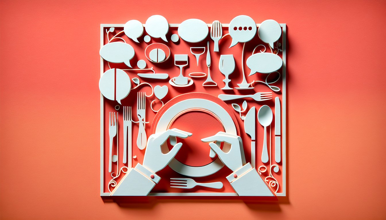 paper art style utensils plate napkin conversation icons on coral background for dining etiquette quiz