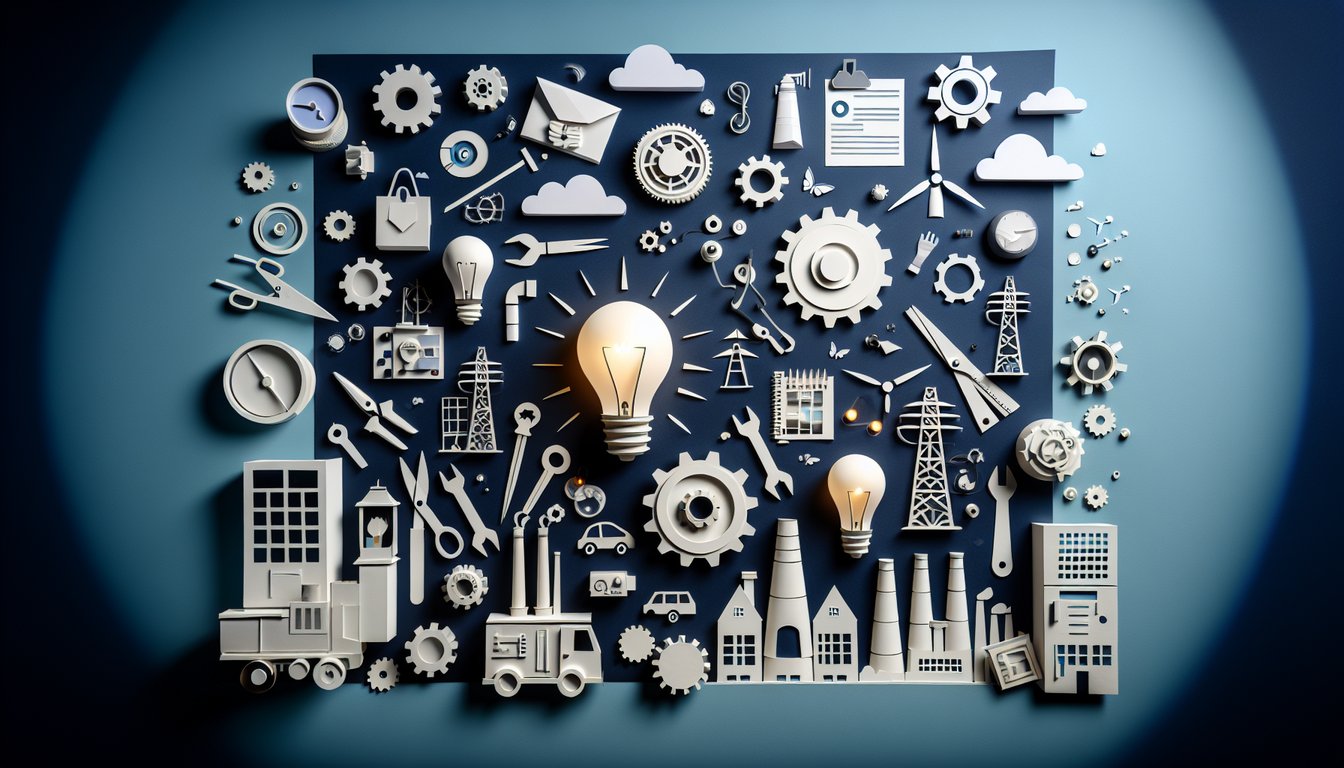 Colorful paper art depicting elements of power generation and lighting equipment for a quiz