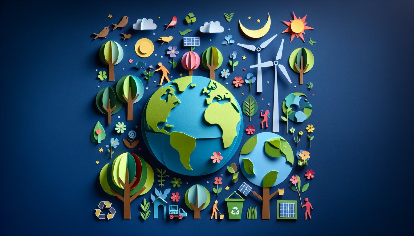 Colorful paper art depicting elements of environmental conservation for a trivia quiz