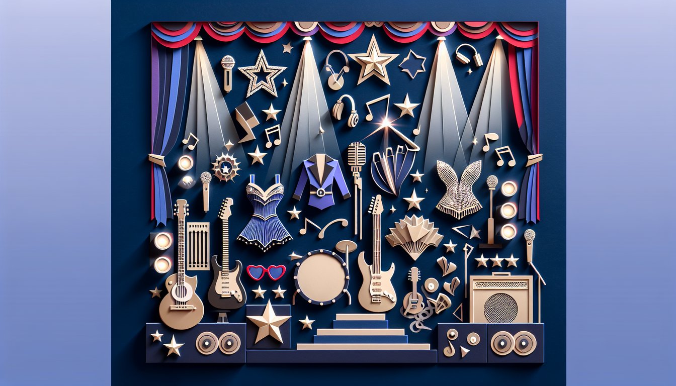 Paper art illustration of guitar musical notes stars and Camp Rock quiz title on dark blue background